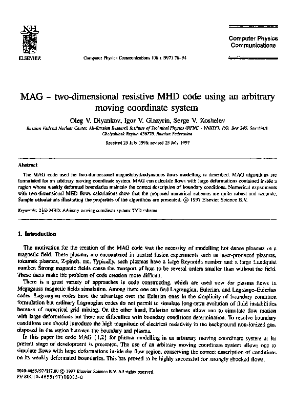 (PDF) MAG - two-dimensional resistive MHD code using an arbitrary ...