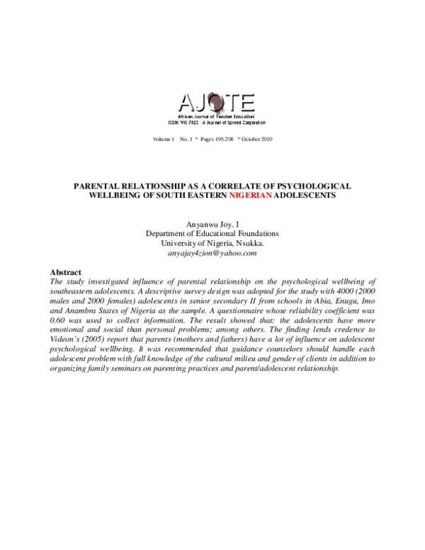 (PDF) PARENTAL RELATIONSHIP AS A CORRELATE OF PSYCHOLOGICAL WELLBEING ...