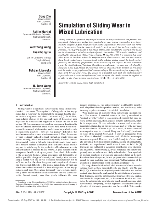 (PDF) Simulation of Sliding Wear in Mixed Lubrication