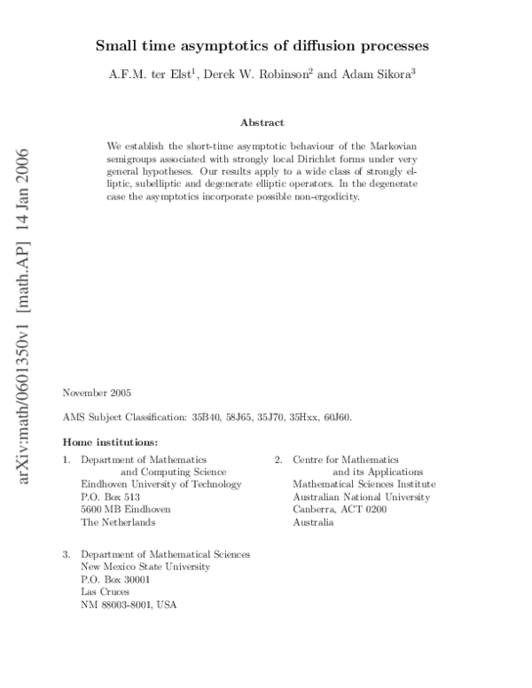 (PDF) Small time asymptotics of diffusion processes