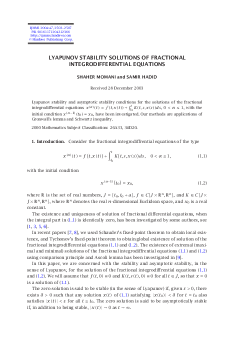 (PDF) Lyapunov stability solutions of fractional integrodifferential ...