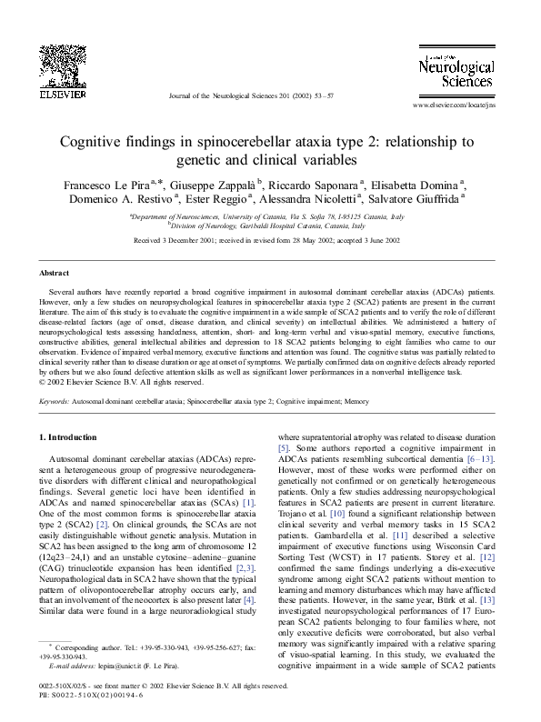 (PDF) Cognitive findings in spinocerebellar ataxia type 2: relationship ...