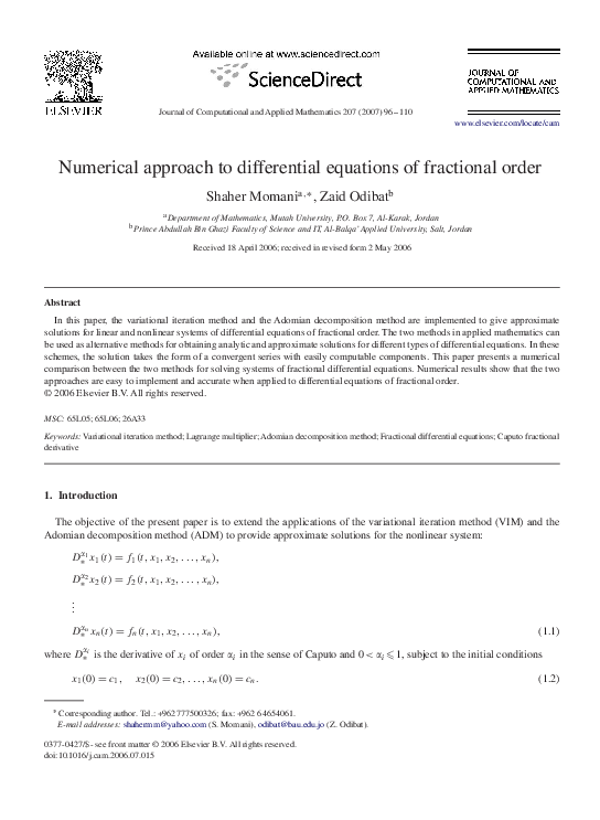 (PDF) Numerical approach to differential equations of fractional order