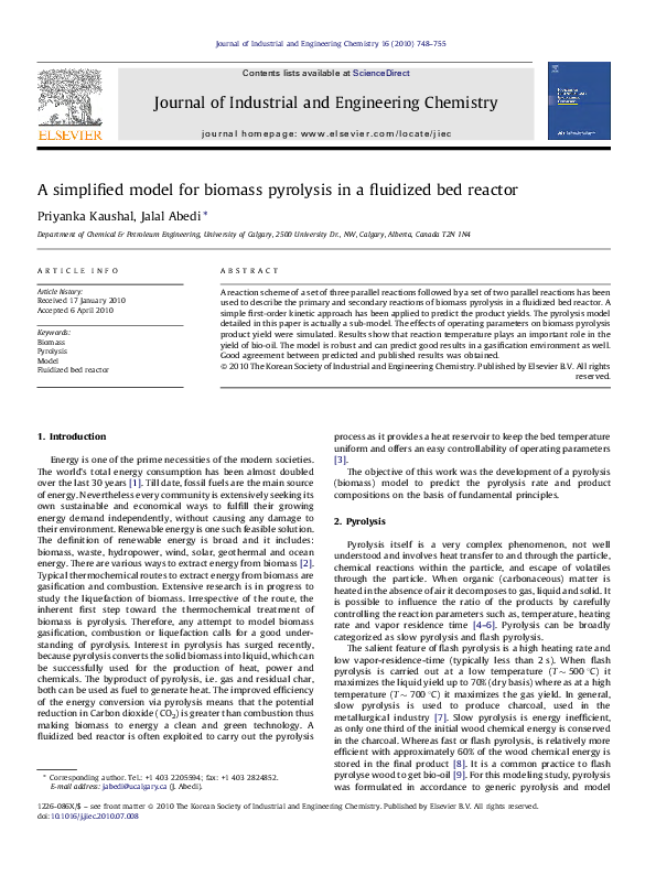 (PDF) A simplified model for biomass pyrolysis in a fluidized bed reactor