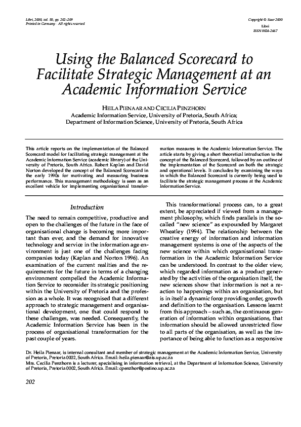 (PDF) Using the balanced scorecard to facilitate strategic management at an academic information