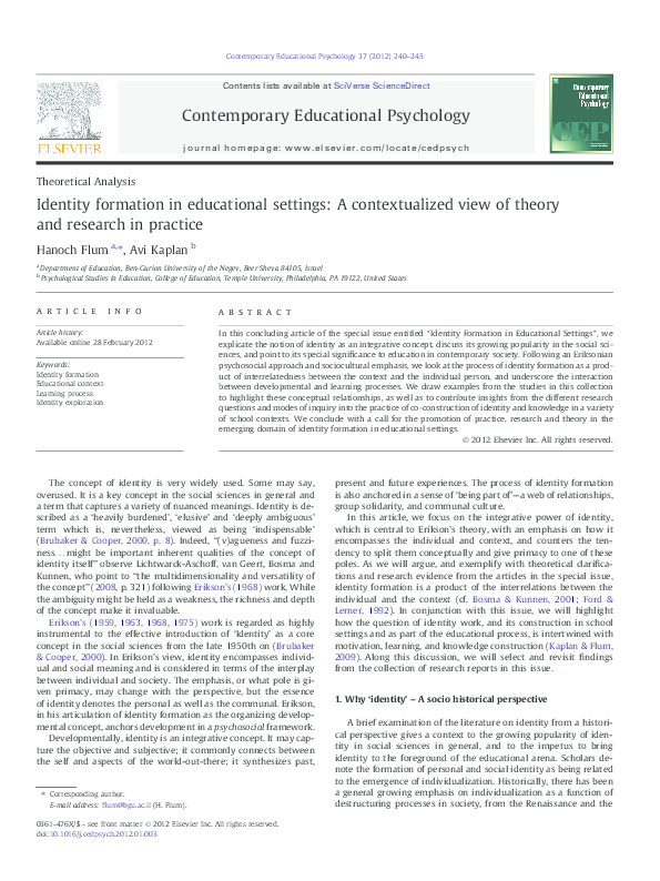 (PDF) Identity formation in educational settings: A contextualized view ...