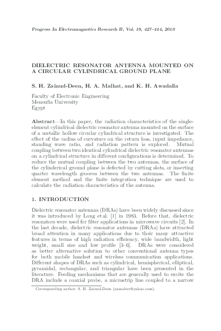 (PDF) Investigation of cylindrical dielectric resonator antenna mounted ...