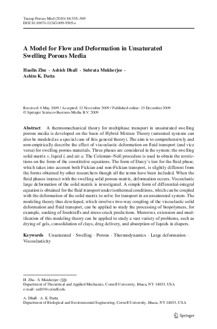 (PDF) A Model for Flow and Deformation in Unsaturated Swelling Porous Media