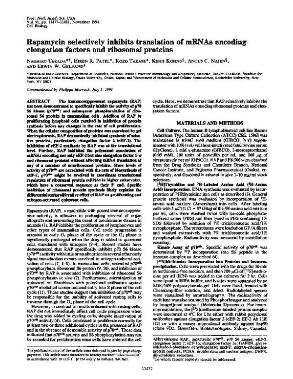 (PDF) Rapamycin Selectively Inhibits Translation of mRNAs Encoding ...