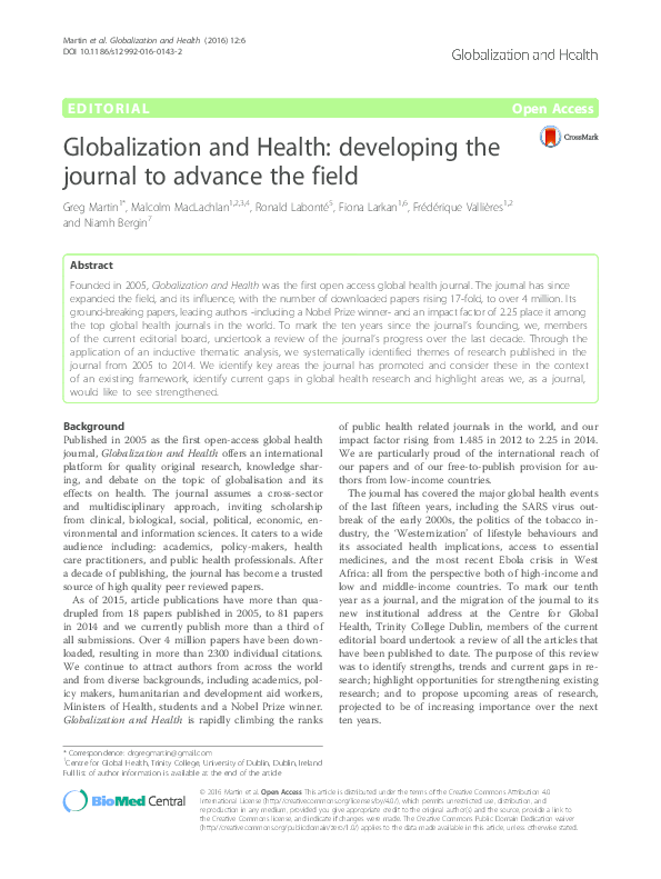 (PDF) Globalization and Health: developing the journal to advance the field