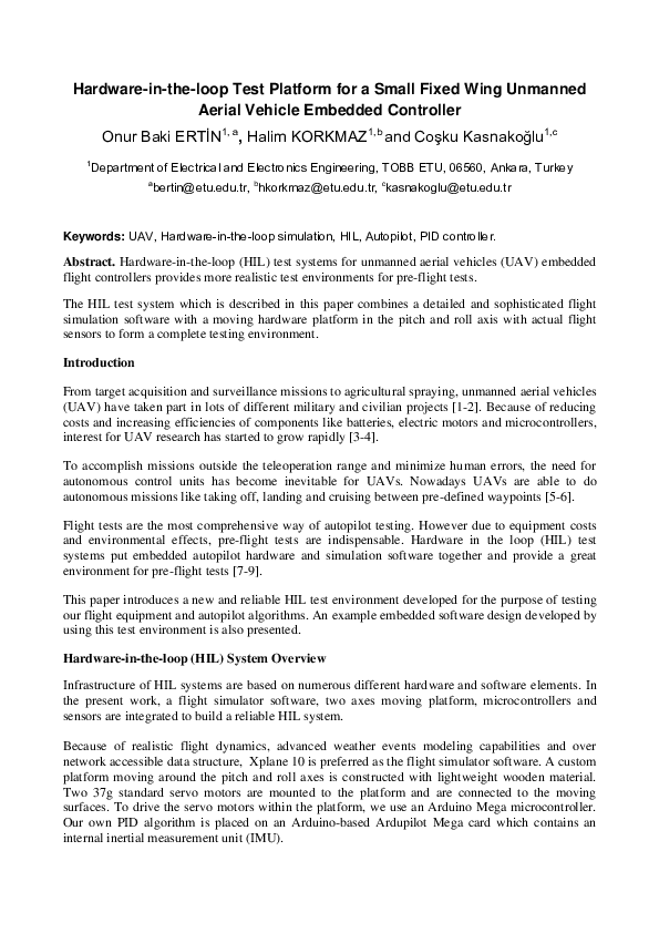 (PDF) Hardwareintheloop Test Platform for a Small Fixed Wing Unmanned Aerial Vehicle Embedded
