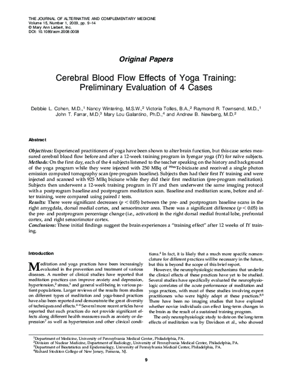 (PDF) Cerebral Blood Flow Effects of Yoga Training: Preliminary ...