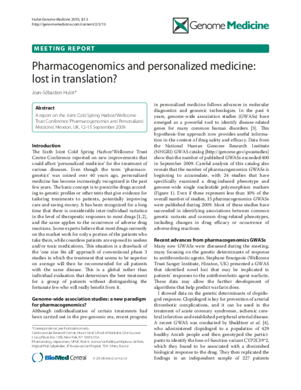 (PDF) Pharmacogenomics and personalized medicine: lost in translation?