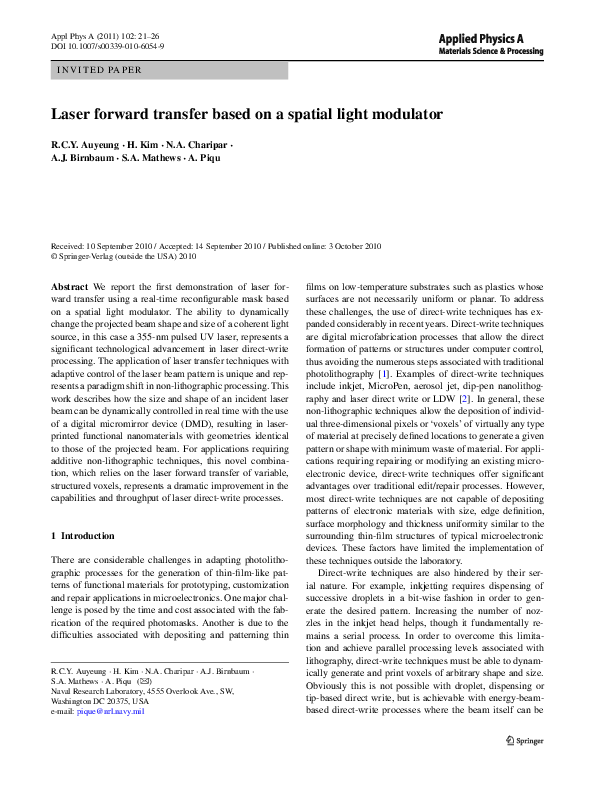 (PDF) Laser forward transfer based on a spatial light modulator