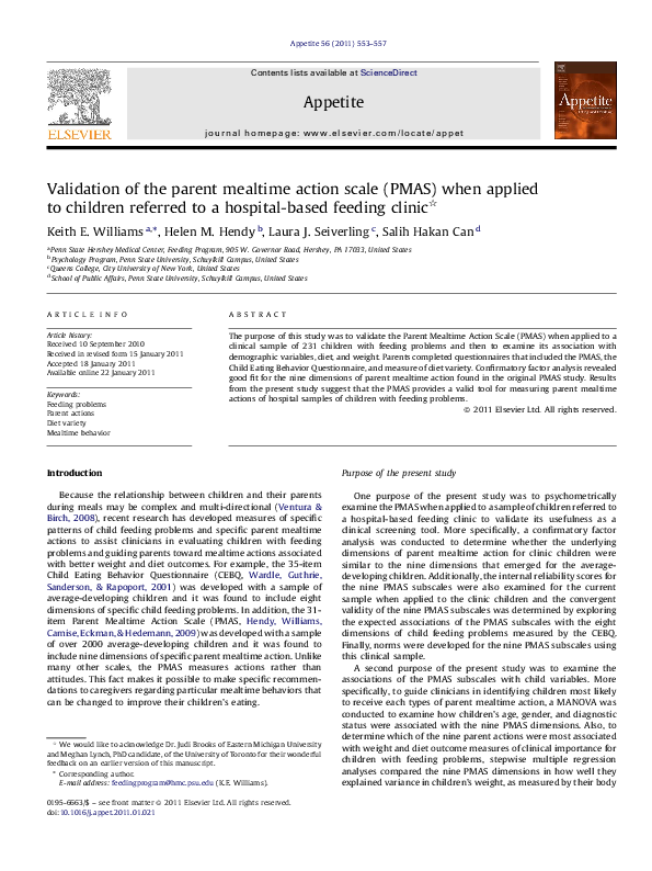 (PDF) Validation of the parent mealtime action scale (PMAS) when ...