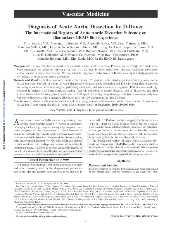 (PDF) Diagnosis of Acute Aortic Dissection by DDimer The International Registry of Acute