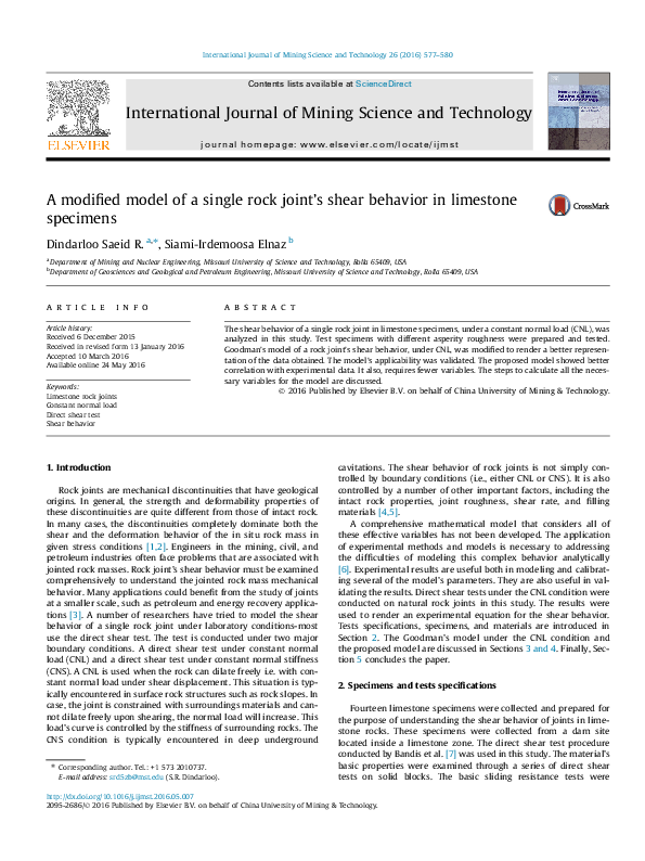 (PDF) A modified model of a single rock joint's shear behavior in ...