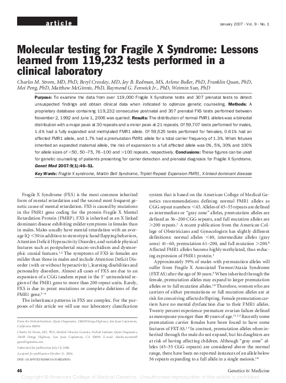 (PDF) Molecular testing for Fragile X Syndrome: Lessons learned from ...
