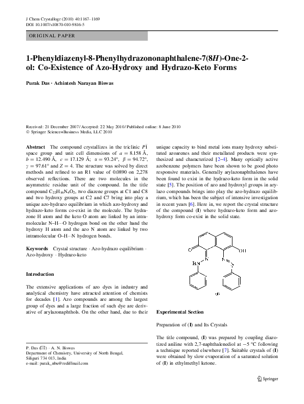 (PDF) 1-Phenyldiazenyl-8-Phenylhydrazononaphthalene-7(8 H )One2-ol: Co ...