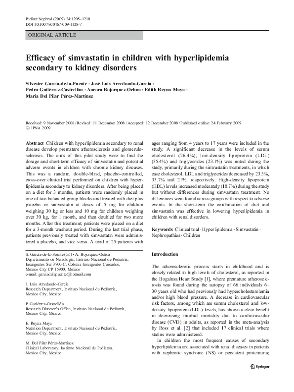 (PDF) Efficacy of simvastatin in children with hyperlipidemia secondary ...