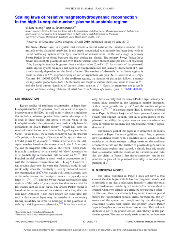(PDF) Scaling laws of resistive magnetohydrodynamic reconnection in the ...
