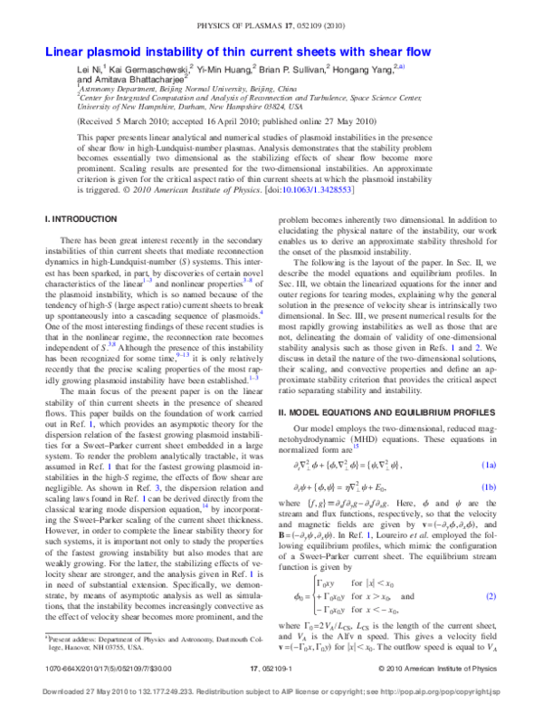 (PDF) Linear plasmoid instability of thin current sheets with shear flow