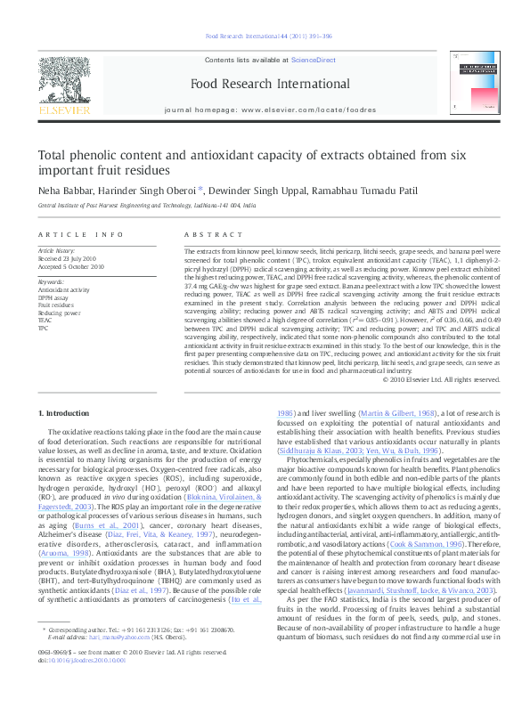 (PDF) Total phenolic content and antioxidant capacity of extracts ...