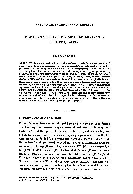 (PDF) Modeling the psychological determinants of life quality