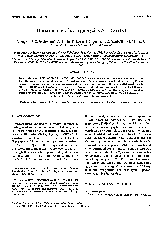 Pdf The Structure Of Syringomycins A1 E And G Nicola Sante Iacobellis Academia Edu