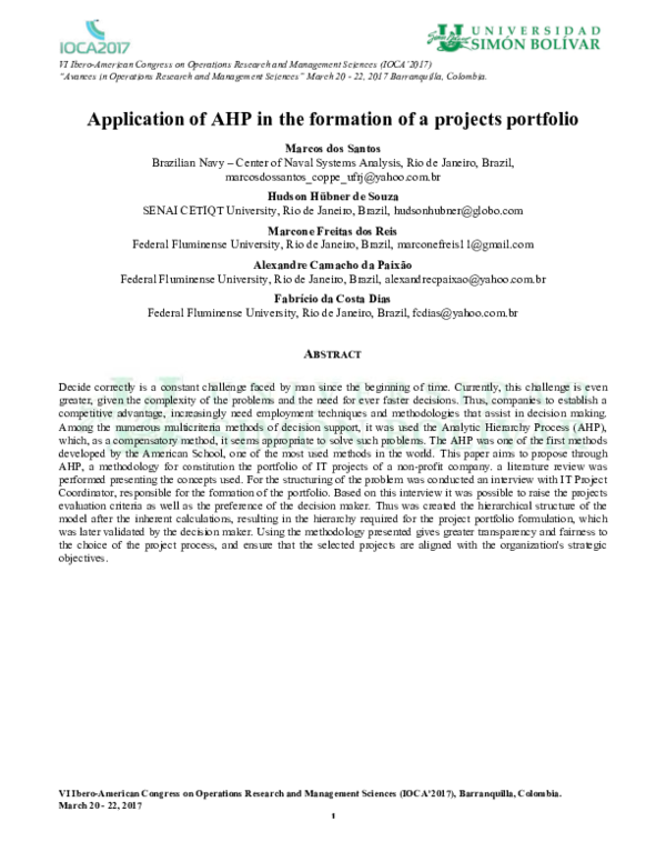 (PDF) Application of AHP in the formation of a projects portfolio