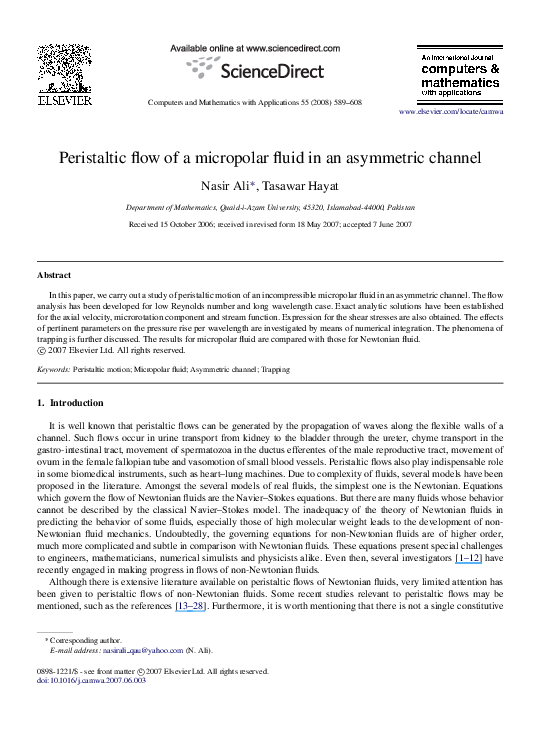 (PDF) Peristaltic flow of a micropolar fluid in an asymmetric channel