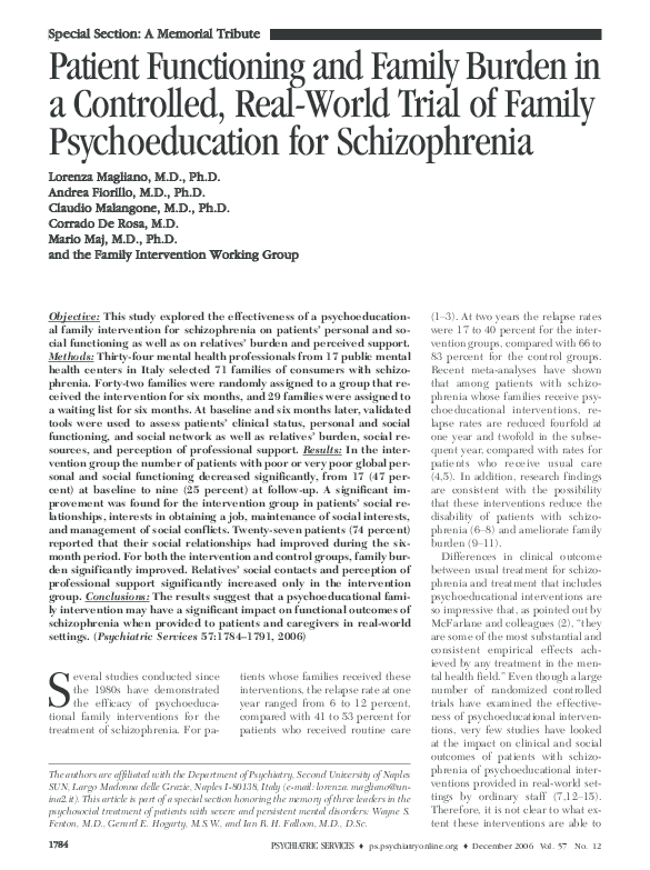(PDF) Patient Functioning and Family Burden in a Controlled, Real-World ...