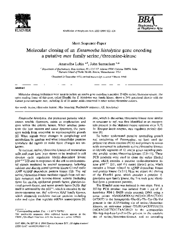 (PDF) Molecular cloning of an Entamoeba histolytica gene encoding a ...