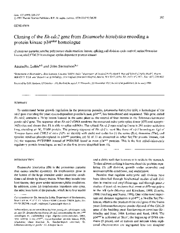 (PDF) Cloning of the Eh cdc2 gene from Entamoeba histolytica encoding a ...