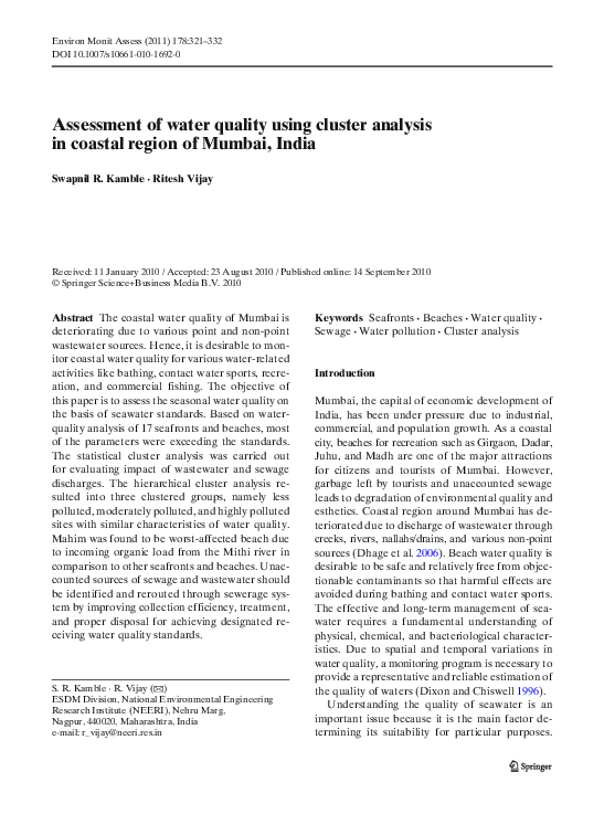 (PDF) Assessment of water quality using cluster analysis in coastal ...