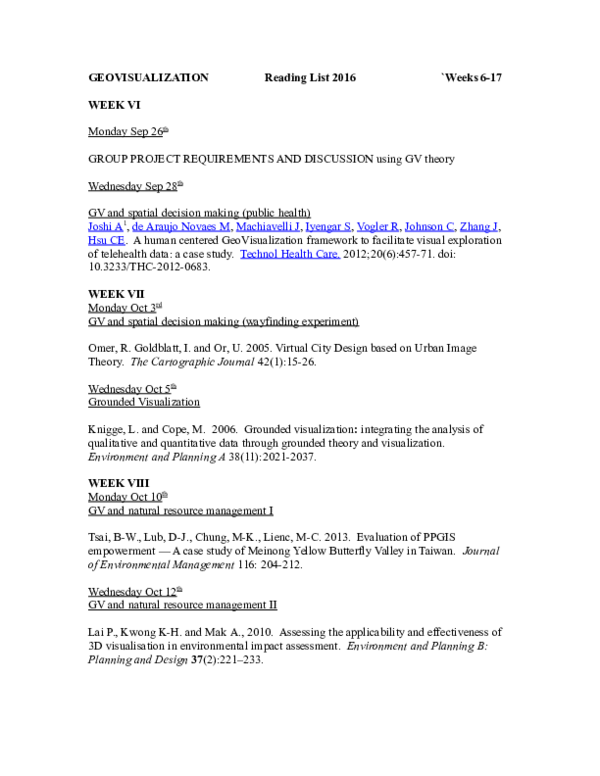 Doc Geovisualization Reading List 16 Weeks 6 17 Week Vi Monday Sep 26 Th Group Project Requirements And Discussion Using Gv Theory Wednesday Sep 28 Th Gv And Spatial Decision Making Public Health