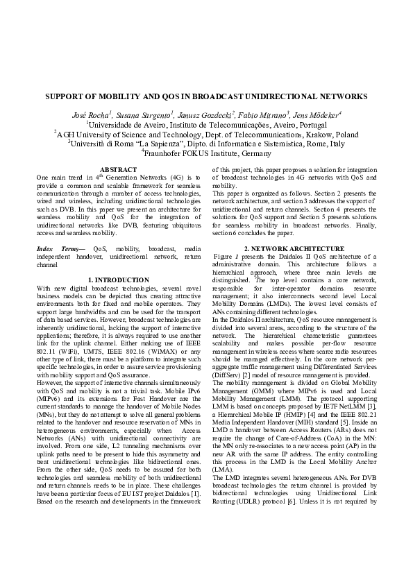 (PDF) Support of mobility and QOS in broadcast unidirectional networks