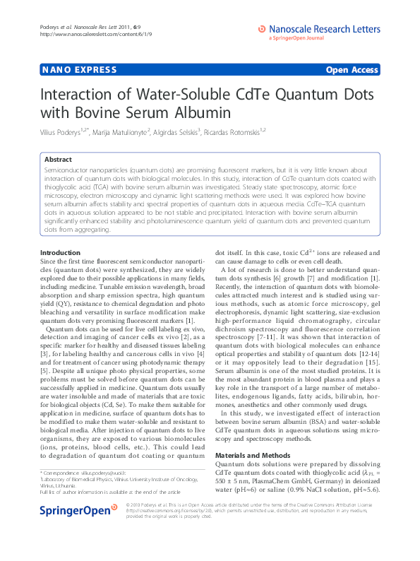 (PDF) Interaction of Water-Soluble CdTe Quantum Dots with Bovine Serum ...