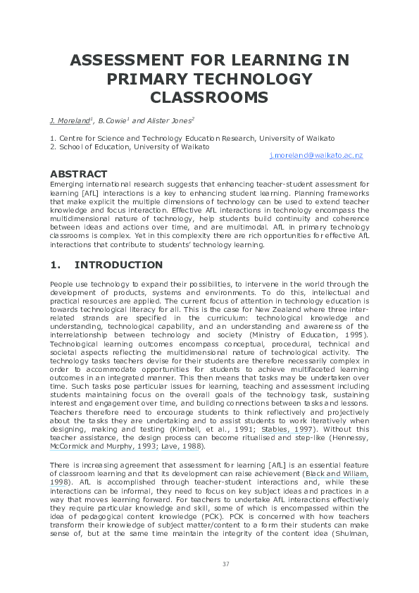 (PDF) ASSESSMENT FOR LEARNING IN PRIMARY TECHNOLOGY CLASSROOMS