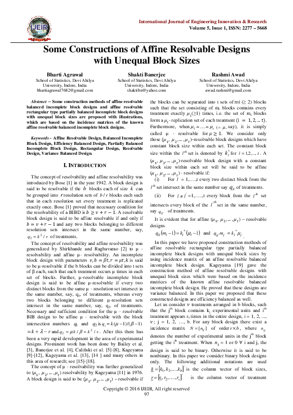 (PDF) Some Constructions of Affine Resolvable Designs with Unequal