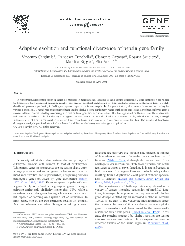 (PDF) Adaptive evolution and functional divergence of pepsin gene family