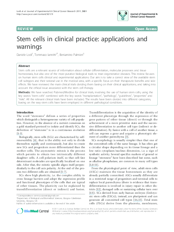 (PDF) Stem cells in clinical practice: applications and warnings