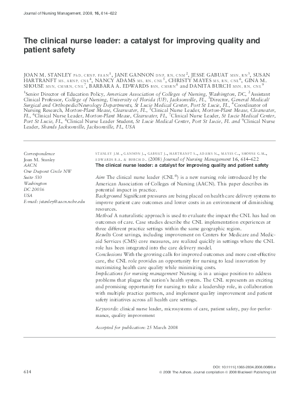 (PDF) The clinical nurse leader: a catalyst for improving quality and ...