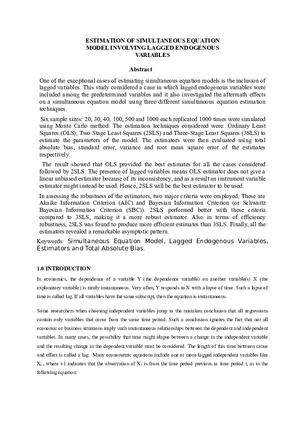 (DOC) ESTIMATION OF SIMULTANEOUS EQUATION MODEL INVOLVING LAGGED ...