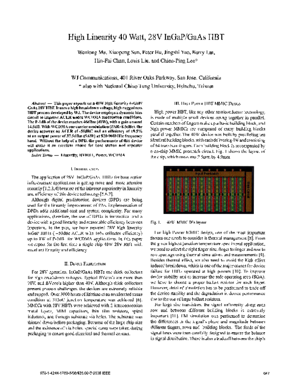 (PDF) High linearity 40 watt, 28V InGaP/GaAs HBT