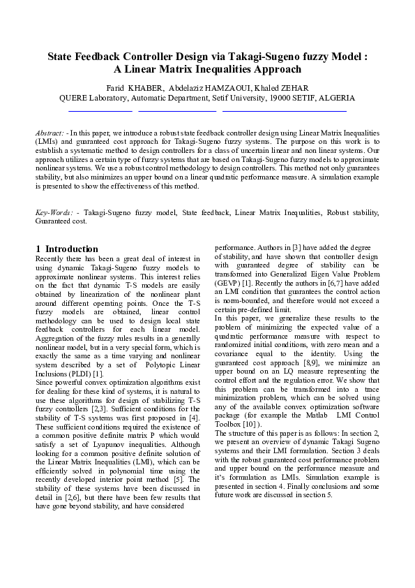 (PDF) State Feedback Controller Design via Takagi- Sugeno Fuzzy Model ...