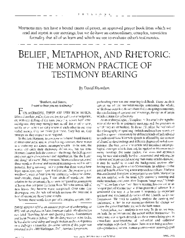 (PDF) BELIEF METAPHOR, AND RHETORIC THE MORMON PRACTICE OF TESTIMONY