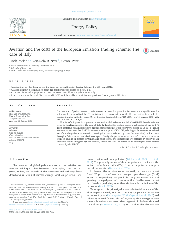 (PDF) Aviation and the costs of the European Emission Trading Scheme ...