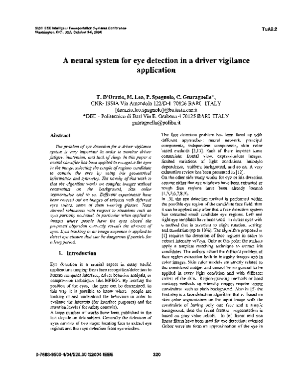(PDF) A neural system for eye detection in a driver vigilance application