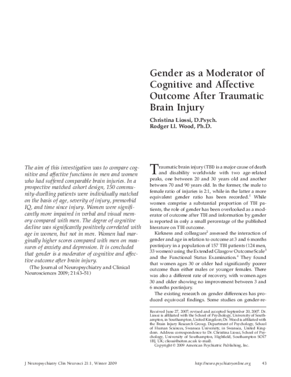 (PDF) Gender as a Moderator of Cognitive and Affective Outcome After ...
